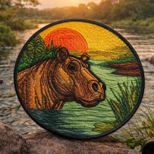May include: A circular embroidered patch featuring a brown hippopotamus partially submerged in green water. The background depicts a vibrant orange sun setting over a river landscape with green foliage, all enclosed within a black stitched border.