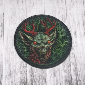 Wendigo Patch Iron-on Applique for Jacket, Clothing, Backpack, Tote Bag, Vest, forest cryptid, red antlers, scary monster badge, demon deer