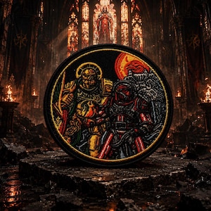 May include: A round, black embroidered patch featuring two figures in detailed armor, one gold and the other red, set against a backdrop of a red sun and a stylized skull. The patch is likely for a jacket or bag.