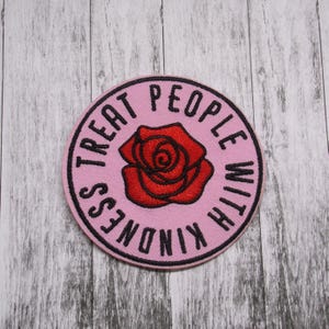 Treat People With Kindness Patch Embroidered Iron-on Applique for Jacket, Clothing, Backpack, Tote Bag, Vest, boho floral, red rose badge