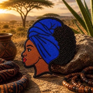 Fly Nubian Blue "Headwrap," 4-inch, Iron-on Embroidered Afrocentric Patch; Cute Black Girl Patch; DIY Patch, Craft Supplies