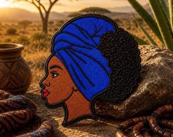 Écusson afrocentrique brodé au thermocollant bleu nubien Fly « Headwrap », 4 pouces ; Patch mignon fille noire ; Patch DIY, Fournitures créatives