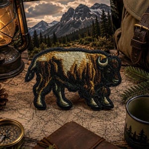 May include: An embroidered patch shaped like a bison, featuring a color palette of dark brown, tan, and cream threads. The design depicts the animal in profile, showcasing detailed stitching that creates texture and depth across its body.