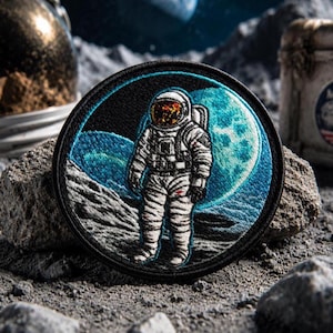 May include: Round embroidered patch featuring an astronaut standing on a lunar surface, with a blue moon in the background. The astronaut is wearing a white spacesuit with red accents. The patch has a black border.