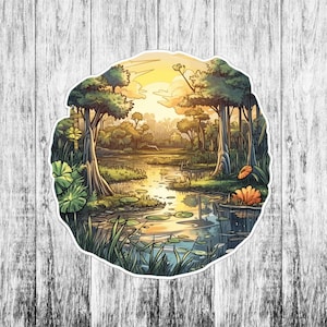 Swamp Scene Sticker, Bayou Sticker, Vinyl Stickers Decals, Nature Decal for Car Truck Window Bumper Graphics, Sunset, Wetlands, Marsh