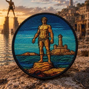 May include: A circular embroidered patch featuring a golden-toned figure standing on a rocky outcrop by the sea. The design includes a lighthouse in the background, a blue sky, and a dark border. The embroidery depicts a scene with a coastal landscape.