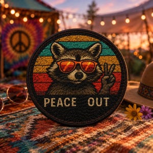 May include: Round patch featuring a raccoon wearing orange sunglasses and giving a peace sign. The patch has a retro color scheme with the words "PEACE OUT" in white. The patch is on a colorful, patterned surface.