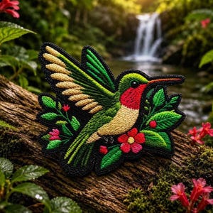 May include: Embroidered hummingbird patch featuring green, red, and tan colours, surrounded by green leaves and red flowers. The patch is set against a dark backdrop, with a waterfall visible.