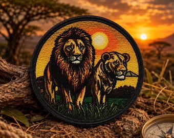 Löwenaufnäher/Aufbügelaufnäher/Afrikanischer Sonnenuntergang/Anstecknadel mit afrikanischen Wildtieren/Zoo-Souvenir/Aufnäher zum Aufnähen für Kleidung, Westen/Jacken, Hüte, Rucksäcke