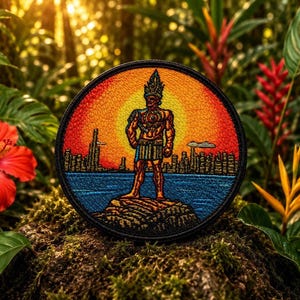 May include: A circular embroidered patch featuring a central figure wearing a headdress and loincloth standing on a rock. The background displays a blue body of water, a distant city skyline, and a vibrant orange and yellow sunset gradient.