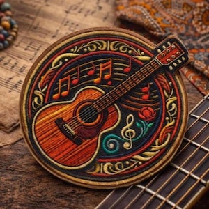 Naszywka z gitarą akustyczną/Naszywka do prasowania/Emblemat muzyki folkowej/Styl hipisowski/Miłośnik muzyki retro/Aplikacja do naszycia na odzież, kamizelkę, kurtkę, kapelusz, plecak