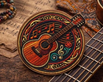 Acoustic Guitar Patch/Iron-on Patch/Folk Music Emblem/Hippie Style/Retro Music Lover/Sew-On Applique for Clothing, Vest/Jacket, Hat Backpack