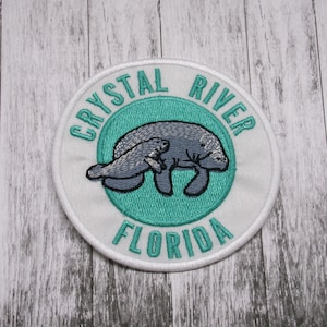 Crystal River Patch Embroidered Iron-on Applique for Jacket, Backpack, Clothing, Tote Bag, Vest, Florida manatee, travel, aquatic wildlife