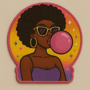 Exclusive, Size 4&quot;, 1-pc Cool &quot;Bubble Pop&quot; Pink Bubble Iron-on Embroidered Patch; Hip-hoppin&#39;, Bubble Poppin&#39; Queen, Black Girl Magic Patch