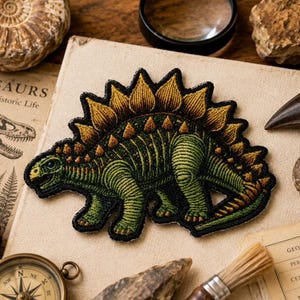 Könnte beinhalten: Ein gestickter Aufnäher, der einen grünen Stegosaurus-Dinosaurier mit schwarzer Umrandung und goldgelben Platten entlang des Rückens zeigt. Der Dinosaurier ist im Profil dargestellt und weist detaillierte Stickereien auf.