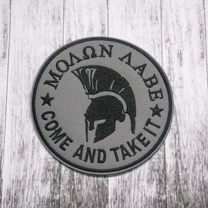 Spartan Helmet Molon Labe Greek Text Come Take Them Embroidered Patch Iron-On Applique, Custom Name Badge for Vest Jacket Clothing Tactical