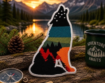 Wolf Patch Embroidered Iron-on Applique for Jacket, Clothing, Backpack, Tote Bag, Vest, wild animal badge, forest night scene, starry sky
