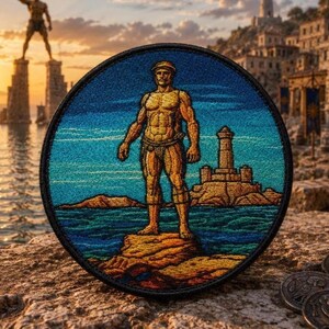 May include: A circular embroidered patch featuring a golden-toned figure standing on a rocky outcrop in the center. The background depicts a blue sea and a lighthouse structure. The patch has a dark border and detailed thread work throughout.