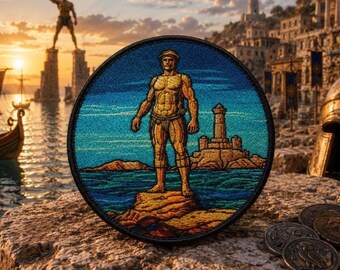 May include: A circular embroidered patch featuring a golden-toned figure standing on a rocky outcrop in the center. The background depicts a blue sea and a lighthouse structure. The patch has a dark border and detailed thread work throughout.