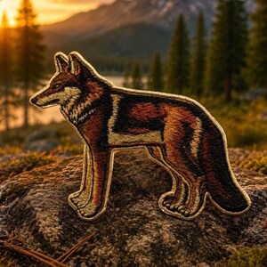 Puede incluir: Parche bordado con un coyote en tonos marrón, negro y beige, con un borde dorado. El parche está diseñado para parecerse a una representación realista del animal. El fondo muestra un paisaje con árboles y un lago.