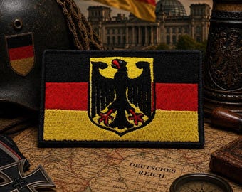 Patch bordado termocolante com a bandeira da Alemanha. Patch de alta qualidade para costurar ou aplicar com gancho. Ideal para coletes, jaquetas, bolsas, chapéus e mochilas.