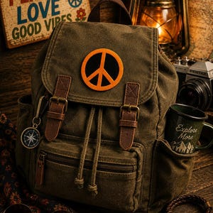 May include: An olive green canvas backpack with a peace sign patch, brown leather straps, and a drawstring closure. The backpack has a side pocket with a green mug that says "Explore More". A wooden sign reads "Peace Love Good Vibes".