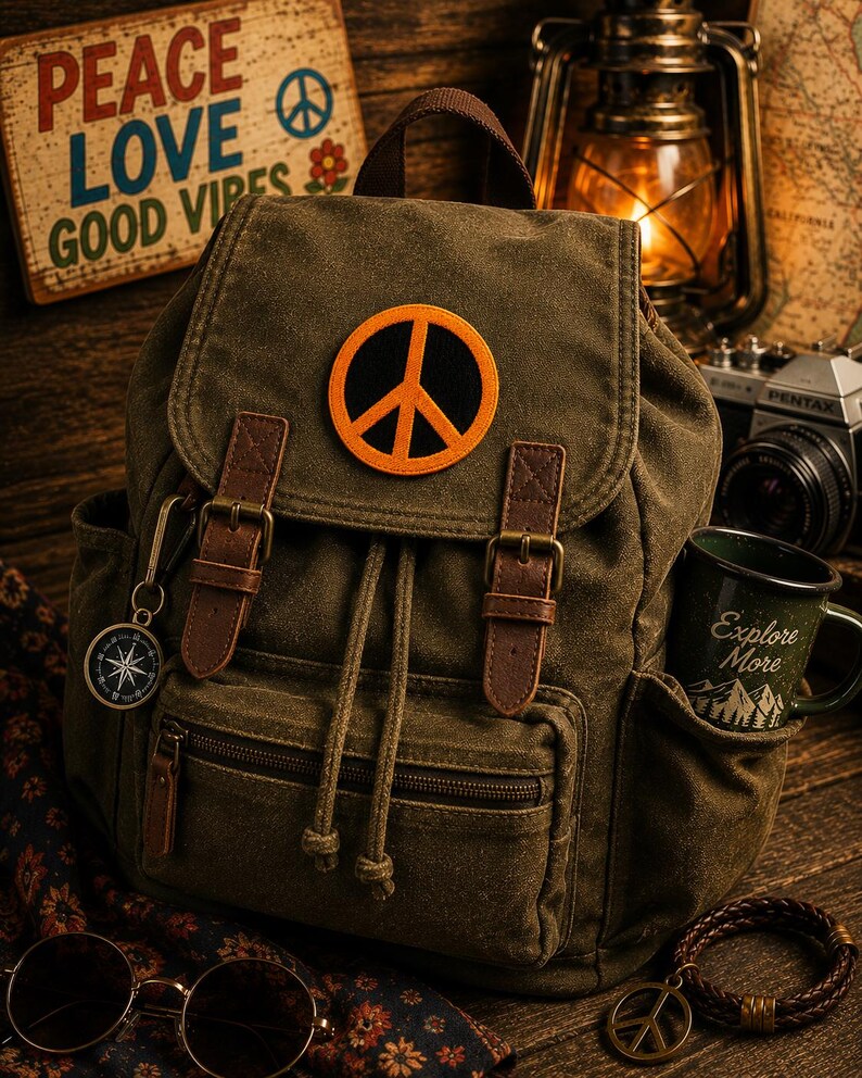May include: An olive green canvas backpack with a peace sign patch, brown leather straps, and a drawstring closure. The backpack has a side pocket with a green mug that says "Explore More". A wooden sign reads "Peace Love Good Vibes".