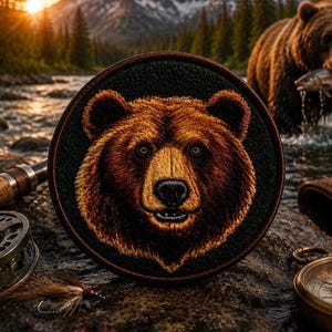 May include: Embroidered patch featuring a detailed brown bear face on a black background, framed by a dark brown border. The patch is set against a natural outdoor scene with fishing gear and a bear in the background.