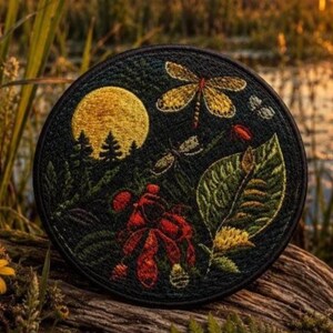 Könnte beinhalten: Ein kreisförmiger bestickter Aufnäher mit dunklem Hintergrund, der einen gelben Vollmond, Silhouetten von Tannenbäumen, eine Libelle mit gelben Flügeln, ein großes grünes Blatt und rote florale Elemente zeigt. Die Stickerei weist verschiedene Texturen auf.