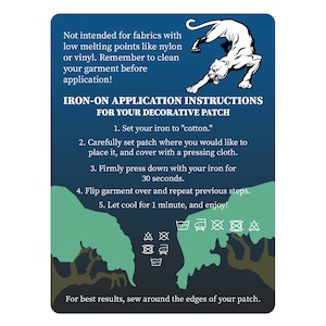 May include: Iron-on application instructions for a decorative patch featuring a black panther illustration. The instructions advise setting the iron to cotton, positioning the patch on the garment, pressing for 30 seconds, turning the garment over, and allowing it to cool for one minute. The image also includes care instructions for the patch.