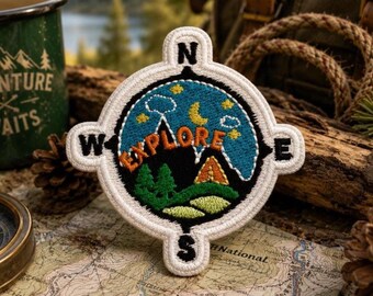 Explore Patch/Iron-On Patch/Compass Direction/Nature Badge/Camping & Hiking/Embroidered Sew-on Applique for Clothing Vest/Jacket Backpack