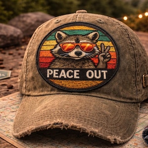 Peace Out Raccoon Iron On Heat Adhesive Embroidered Patch, Sassy, Trending Patches, Popular Patches, Hat Bar, Boutique, Funny Patches