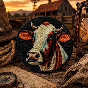 May include: A circular embroidered patch featuring a detailed portrait of a cow with white, brown, and orange fur against a black background. The cow has prominent horns, large dark eyes, and a textured stitch pattern throughout the design.