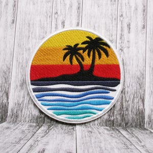 Beach Sunset Patch Iron-on Applique for Jacket, Backpack, Clothing, Vest, Palm Tree Island, Tropical Aloha Vibe, Ocean Vibe, Coastal Life