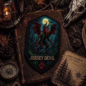 May include: A shield-shaped embroidered patch featuring a red-winged creature with horns and a tail, set against a dark forest background with a full moon. The text "JERSEY DEVIL" is printed in gold below the creature, with a red paw print icon.