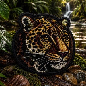 May include: A circular embroidered patch featuring a detailed leopard head with golden-yellow fur, black spots, and white whiskers. The design is outlined in black thread, showcasing the feline's intense gaze and realistic facial features.