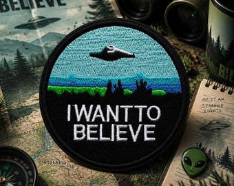 Écusson thermocollant « I Want To Believe » (OVNI) / Style rétro années 80 / Soucoupe volante / Fan de X-Files / Appliqué brodé à coudre pour vêtements, vestes, chapeaux, sacs à dos
