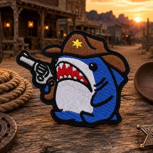 Pode incluir: Um emblema bordado apresentando um tubarão azul de desenho animado com barriga branca, usando um chapéu de cowboy marrom com uma estrela amarela. O tubarão segura um revólver marrom e branco na barbatana, com boca vermelha e dentes brancos.