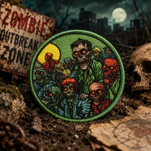 May include: A circular embroidered patch featuring a detailed scene of multiple zombies with glowing red eyes and varied skin tones, including green and orange, set against a bright yellow moon background within a green border.