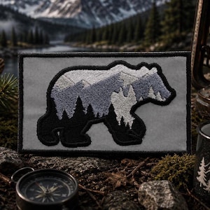 Bear Patch Iron-on Applique for Jacket, Clothing, Backpack, Tote Bag, Vest, mountain scene, forest hiker badge, rugged trail, wildlife gift