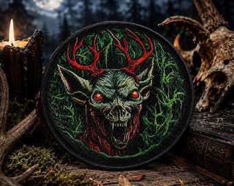 Parche Wendigo/Parche termoadhesivo/Insignia de críptido/Asta roja/Monstruo aterrador/Ciervo demoníaco/Aplicación para coser en ropa, chalecos, chaquetas, sombreros y mochilas