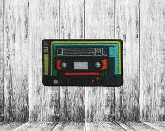 Music Cassette Patch Iron-on Applique for Jacket, Clothing, Backpack, Tote Bag, Vest, vintage playlist badge, DJ accessory, throwback style