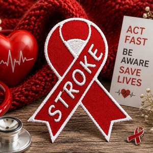 Op de afbeelding: Een rood lint met het woord "STROKE" in het wit geborduurd, samen met een rood hart, een stethoscoop en een kaart met de tekst "ACT FAST BE AWARE SAVE LIVES". De items zijn gerangschikt op een houten oppervlak.