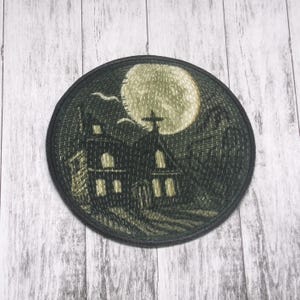 Haunted House Patch Iron-on Applique for Jacket, Clothing, Backpack, Tote Bag, Vest, glowing moon, bats, gothic horror badge, spooky scene