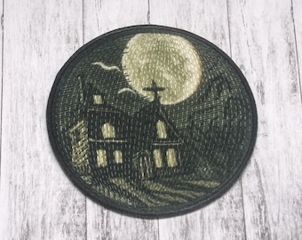 Haunted House Patch/Iron-on Patch/Halloween Spooky & Scary/Glowing moon, bats/gothic horror badge/Sew-On Applique for Costume Clothing