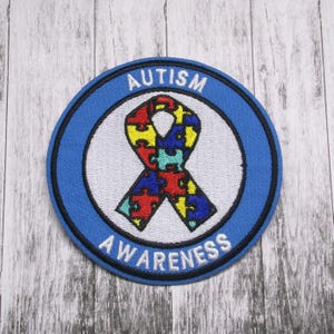 Iron-On Light Blue Ribbon Patch/Autism Patch/Puzzle Ribbon Patch/Awareness Support Patch/Embroidered Applique for Vest/Fundraiser Gift
