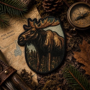 May include: A shield-shaped embroidered patch featuring a detailed moose standing in a forest. The moose is rendered in shades of brown and black, set against a light green background with dark green pine trees. The patch has a black stitched border.
