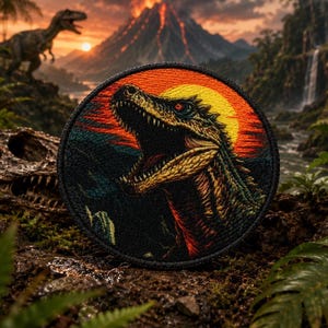 May include: Circular embroidered patch depicting a dinosaur's head against a sunset. The design features green, yellow, orange, and black hues. This patch is suitable for application on clothing items such as jackets or bags.
