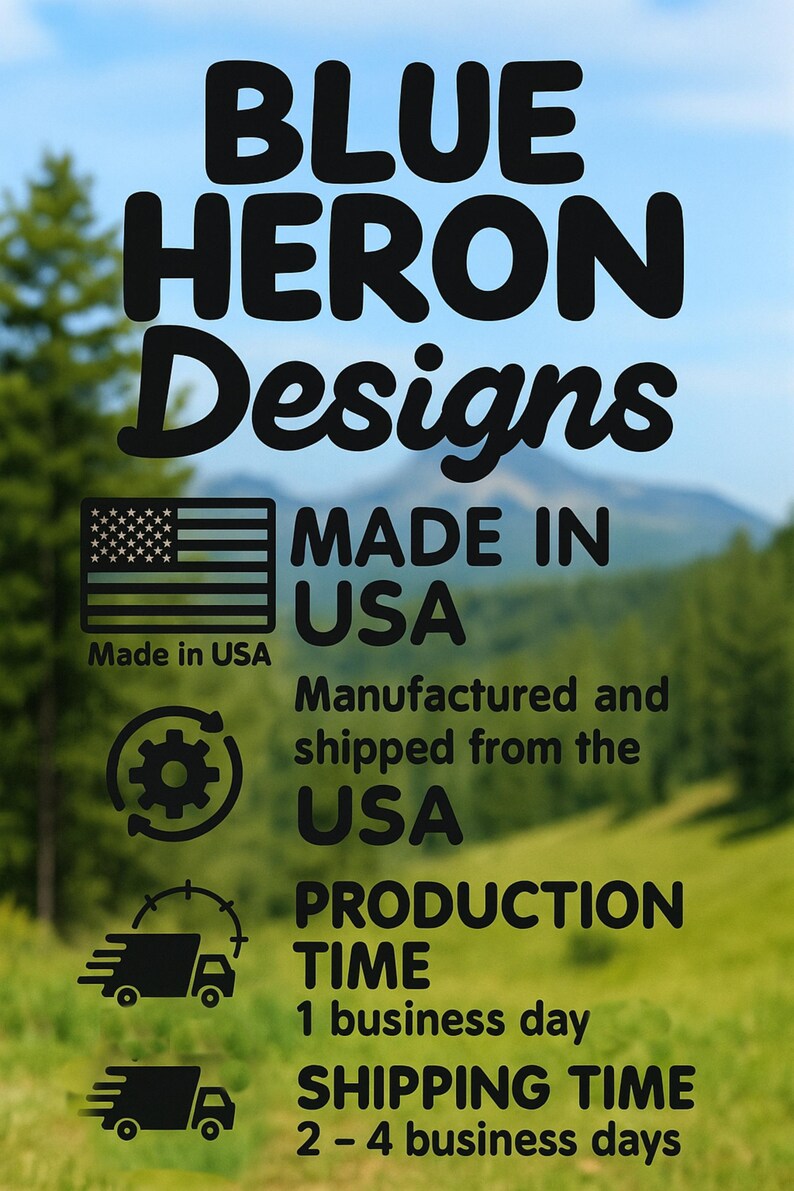 May include: Image features the text "BLUE HERON Designs" with an American flag graphic and the words "MADE IN USA". Additional text states "Manufactured and shipped from the USA". The background is a blurred outdoor scene.