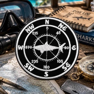 Écusson boussole/Écusson thermocollant/Écusson requin/Animal marin/Cadeau de plongeur/Écusson à coudre pour vêtement Gilet/Veste chapeaux Sac à dos